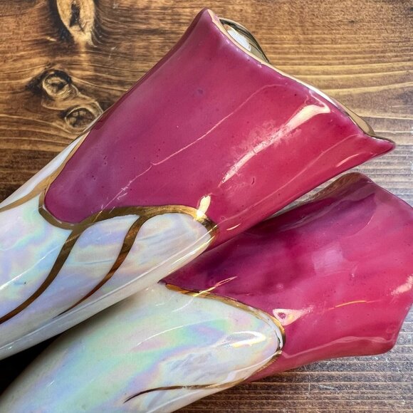 Vintage MCM Vase Pink Fuchsia Gold Lusterware Tricorn Mid Century Modern - Picture 9 of 11